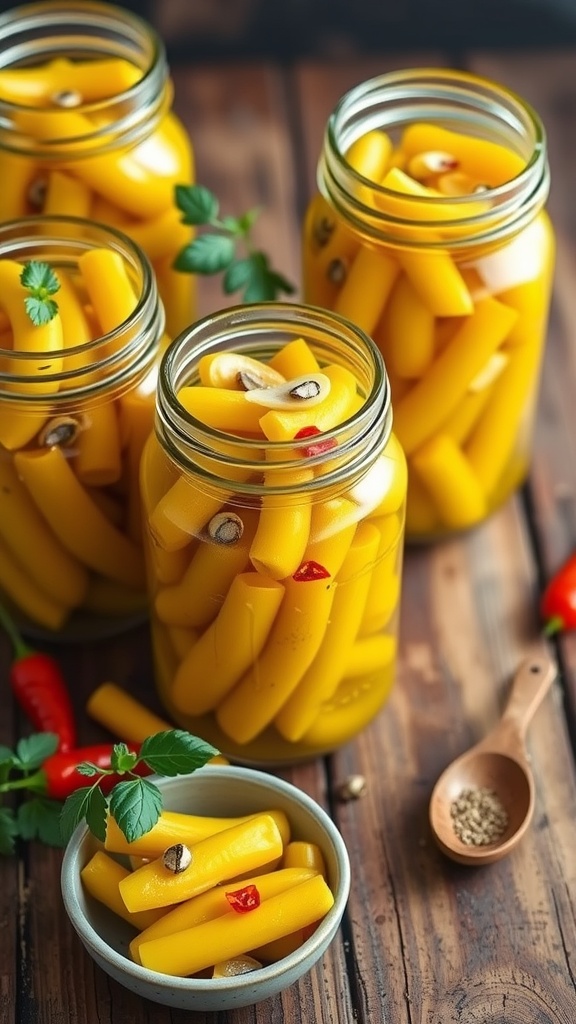 Bright jars of pickled yellow beans with garlic and spices on a wooden table.